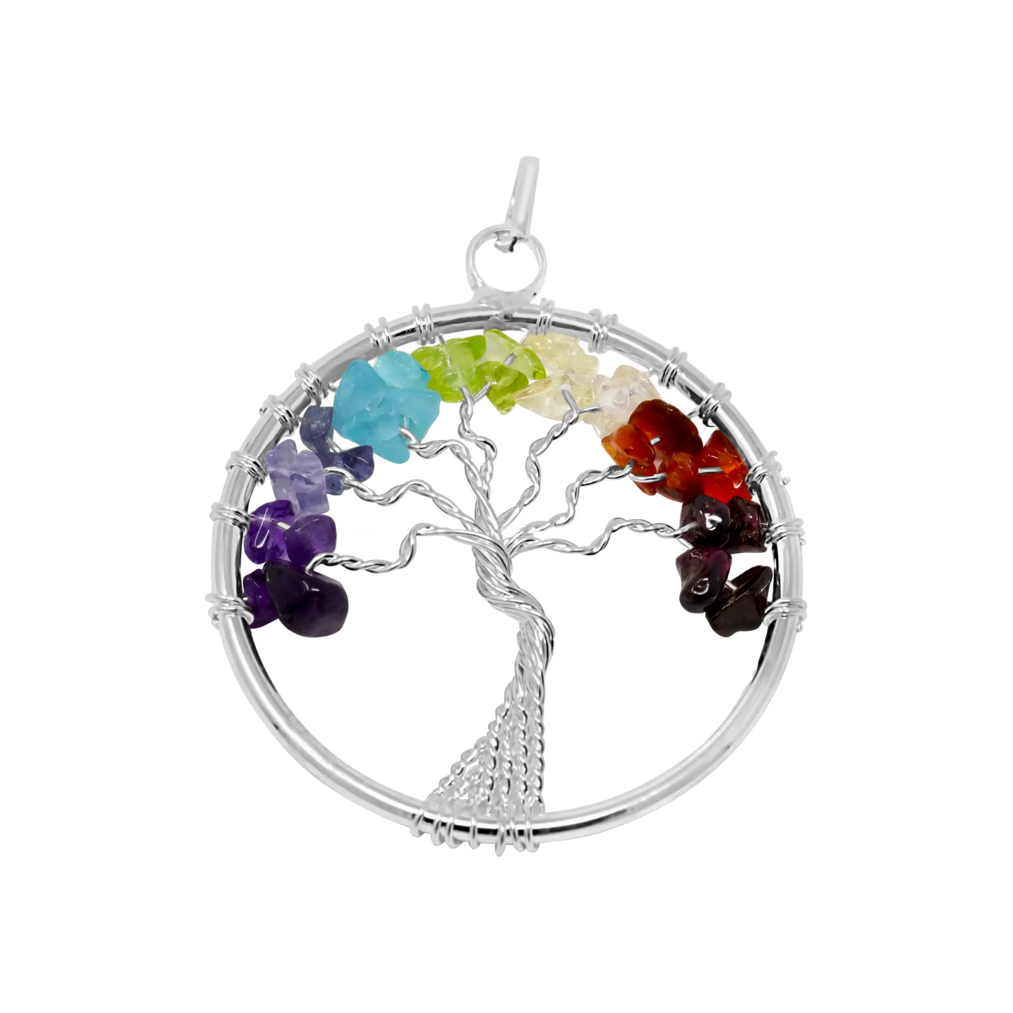 Rainbow Chakra Wire Wrapped Tree of Life Pendant