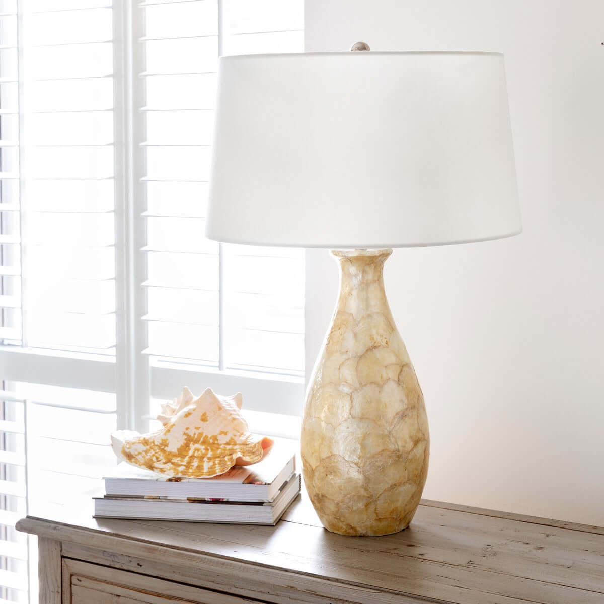 Coastal Pearl Capiz Shell Table Lamp with Linen Shade
