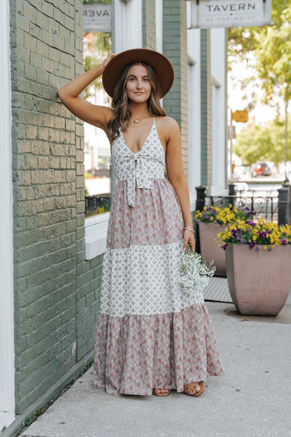 Cream Color Block Halter Maxi Dress - FINAL SALE