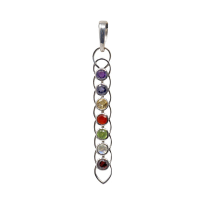 7 Chakra Pendant - 7 Faceted Rounds Set in Layered Vertical Silver Loop Design