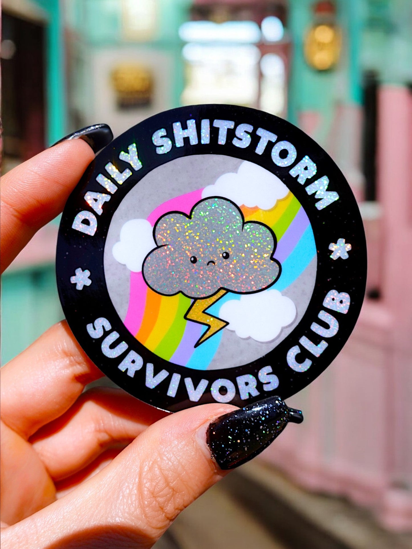 Funny Vinyl Sticker – Daily Shitstorm Survivors Club – Glitter Holographic Waterproof Sticker Decal