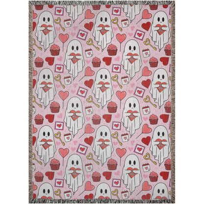 Ghost lover Woven Blankets for Valentine’s Day. Cute ghost holding hearts. Spooky Valentines Day.
