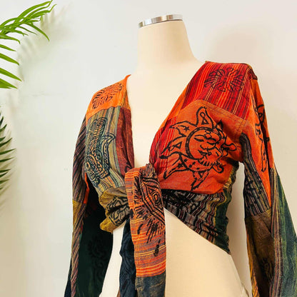Patchwork Cotton  Bell Sleeve Wrap Top