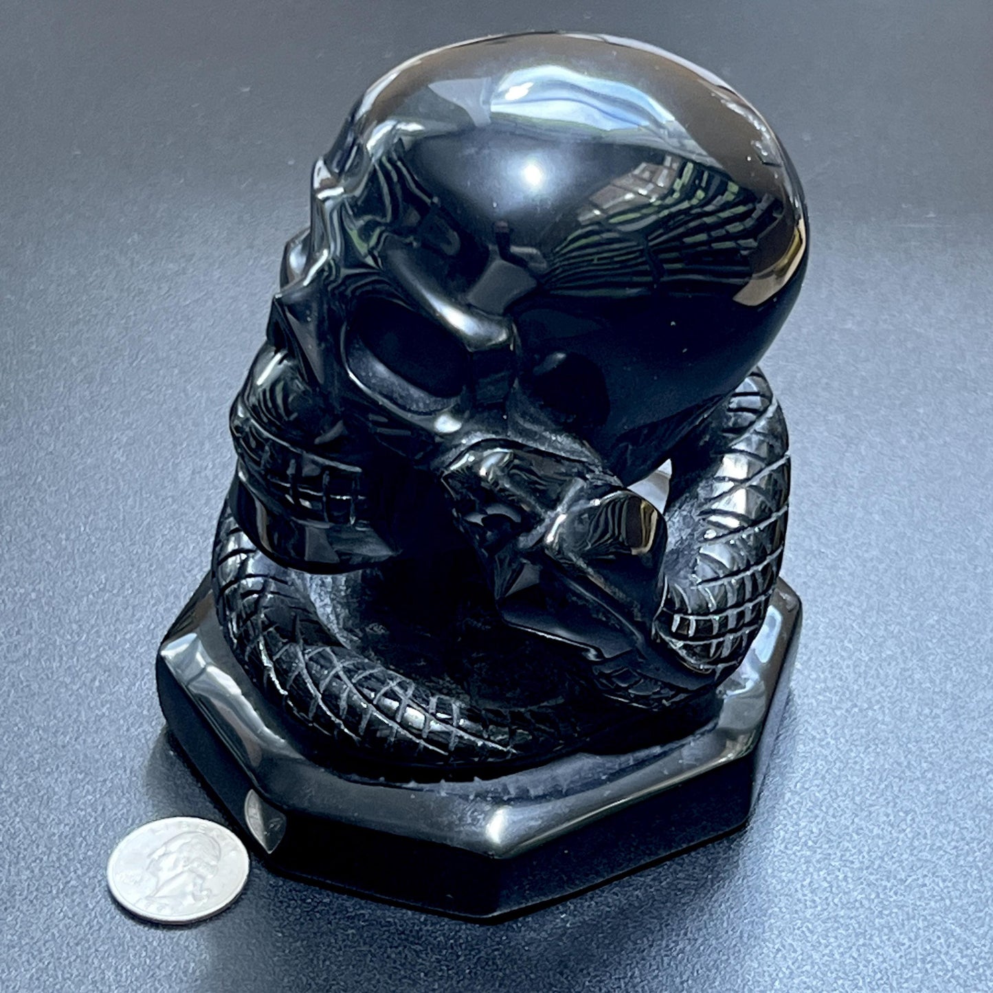 Large Skull and Snake Obsidian Carving