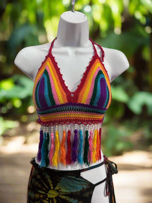 Rainbow Pride Bikini Top with Pearls and Fringe