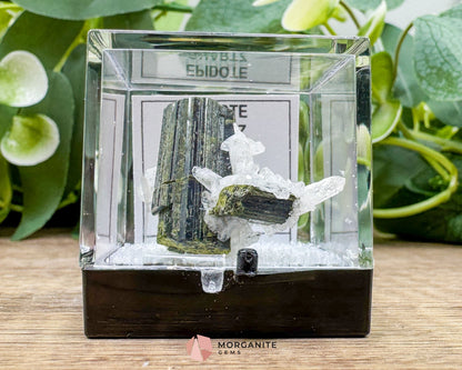 Epidote Crystal with Quartz – Natural Specimen in Clear Display Case 2g (29×29×13 mm) – Capelinha, Minas Gerais, Brazil