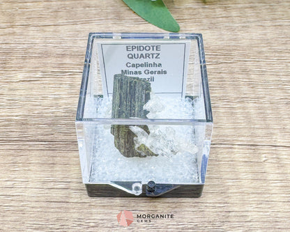 Epidote Crystal with Quartz – Natural Specimen in Clear Display Case 2g (29×29×13 mm) – Capelinha, Minas Gerais, Brazil