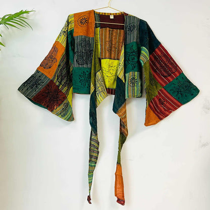 Patchwork Cotton  Bell Sleeve Wrap Top