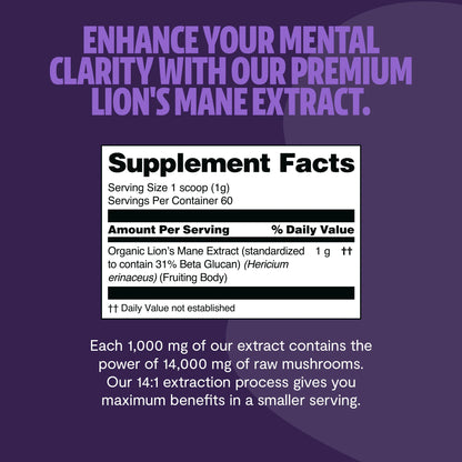 Lion's Mane Mushroom Extract Powder – 14,000mg Triple-Extract for Focus