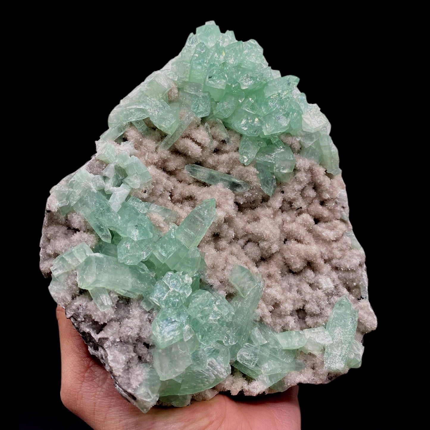 Green Apophyllite Sparkling Crystals on Heulandite Cluster # Q2