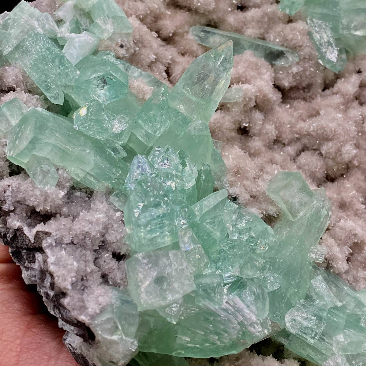 Green Apophyllite Sparkling Crystals on Heulandite Cluster # Q2