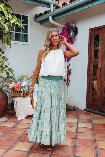 Green Paisley Print Tiered Maxi Skirt