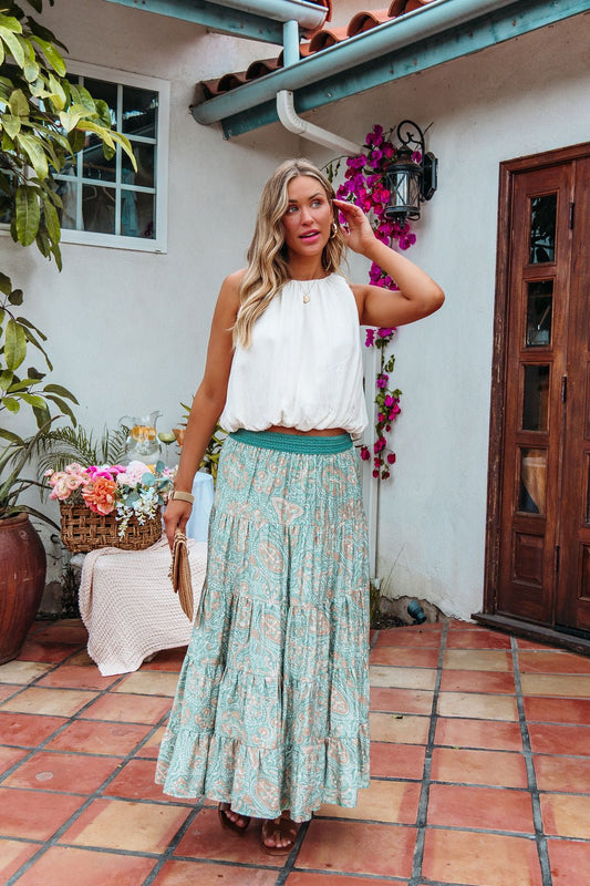 Green Paisley Print Tiered Maxi Skirt