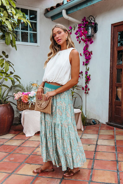 Green Paisley Print Tiered Maxi Skirt