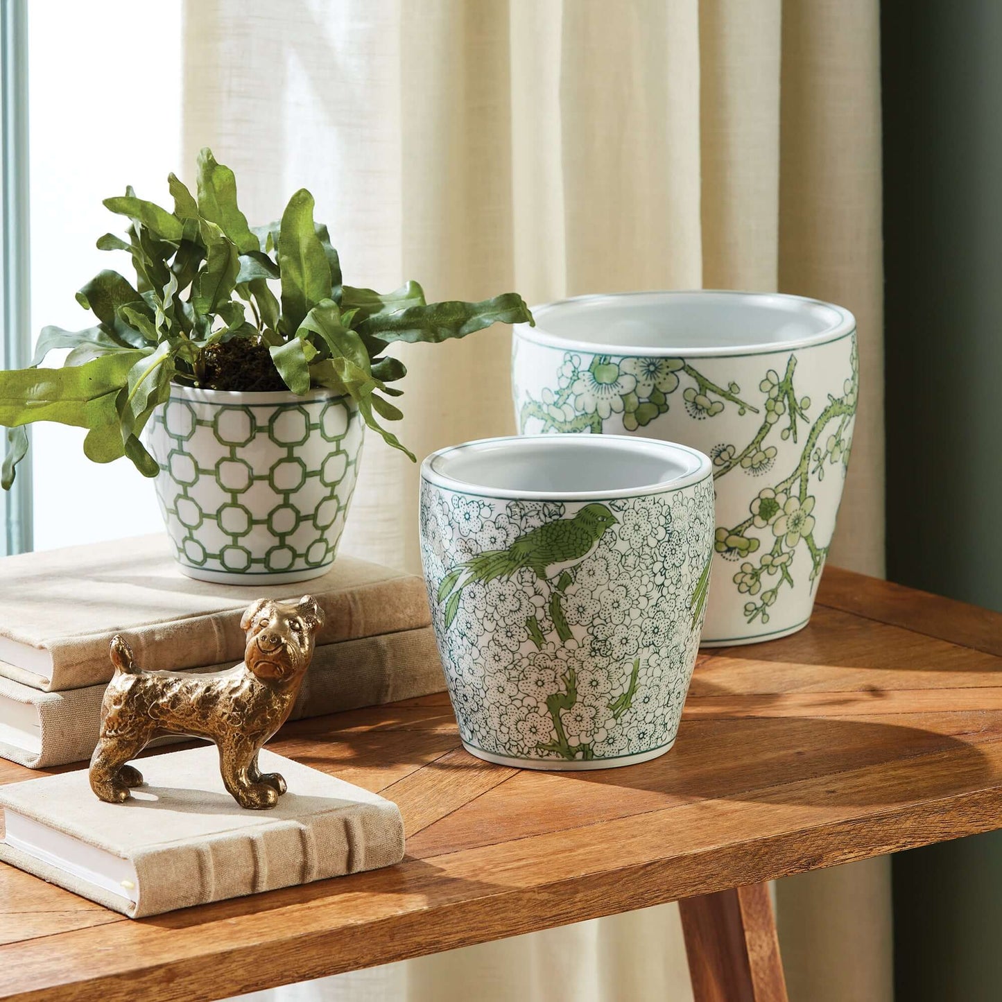 Green and White Chinoiserie Ceramic Planters (Set of 3)