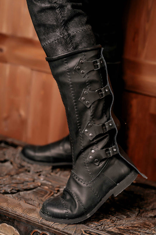 Black leather Witch Boots - high boots with buckles