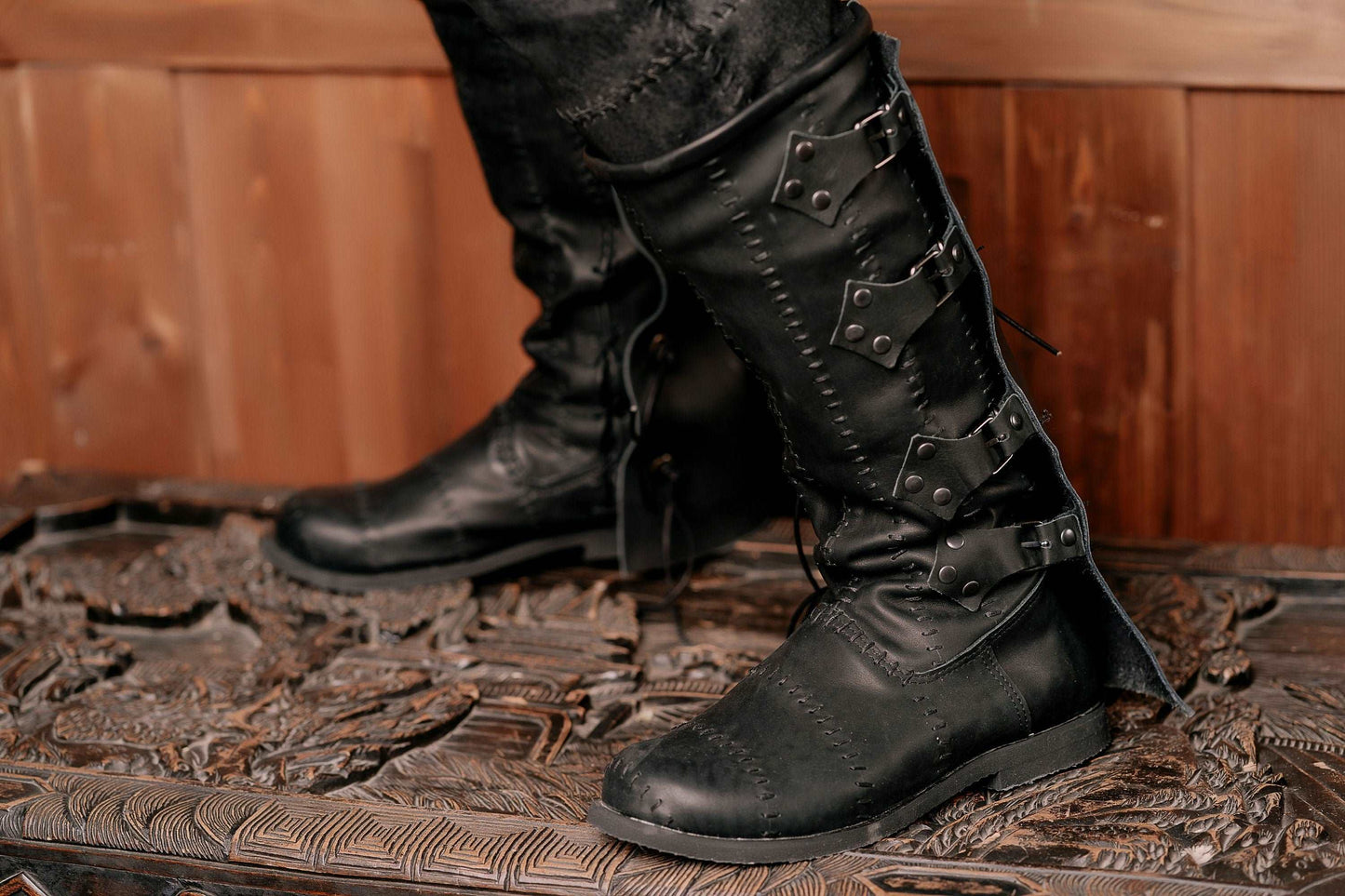 Black leather Witch Boots - high boots with buckles