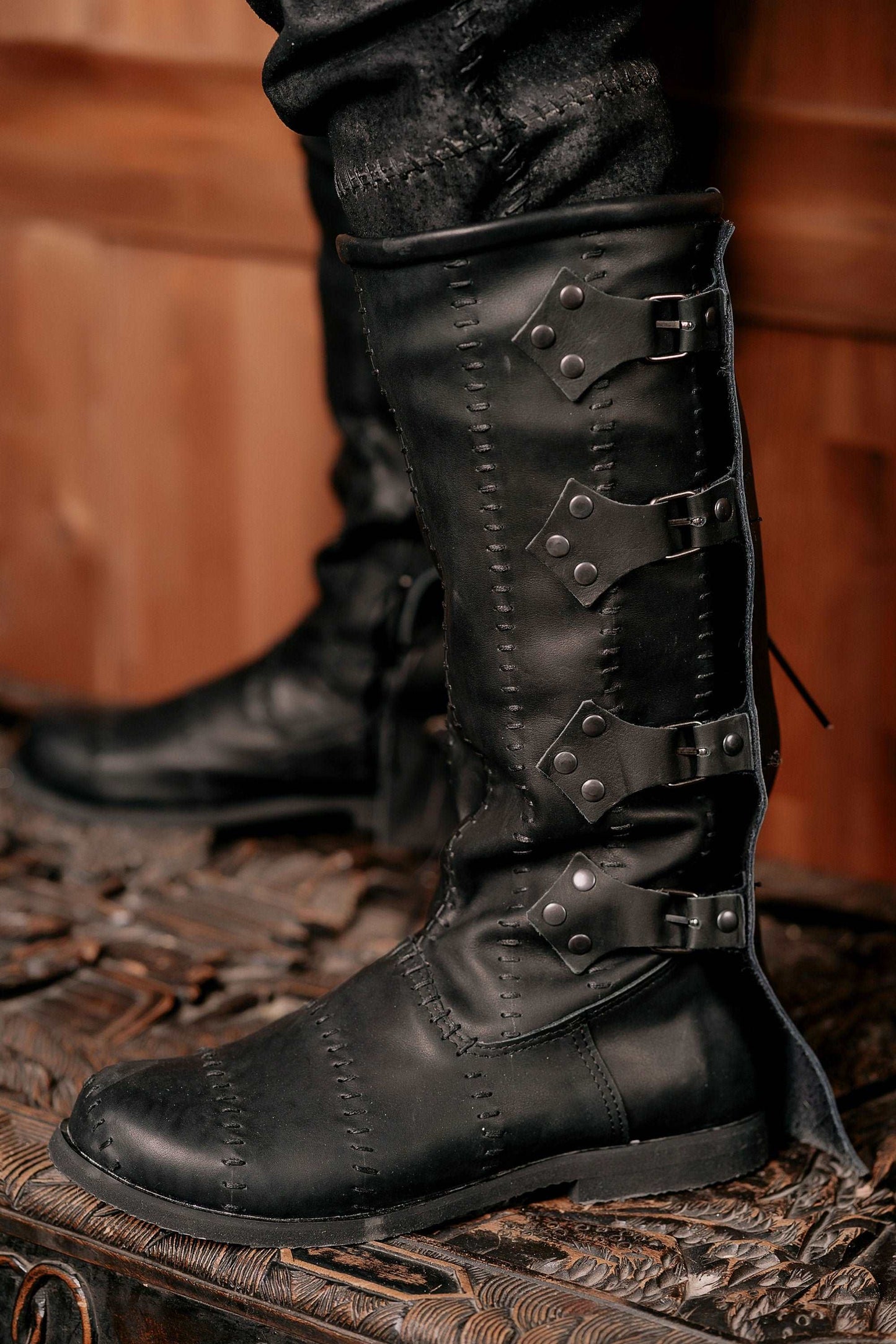 Black leather Witch Boots - high boots with buckles