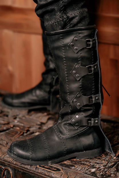 Black leather Witch Boots - high boots with buckles