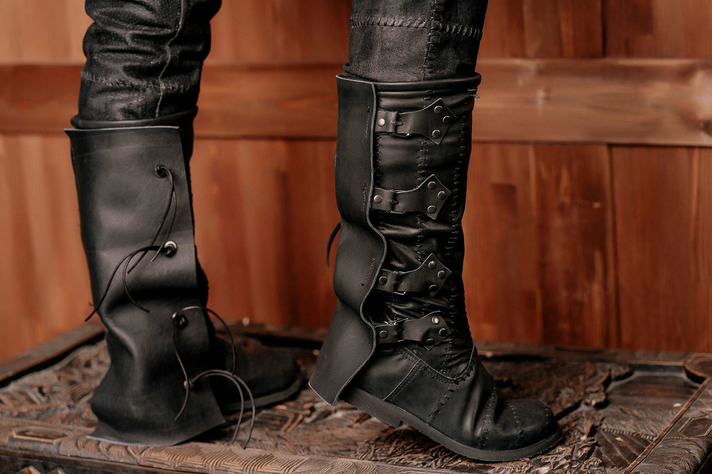 Black leather Witch Boots - high boots with buckles