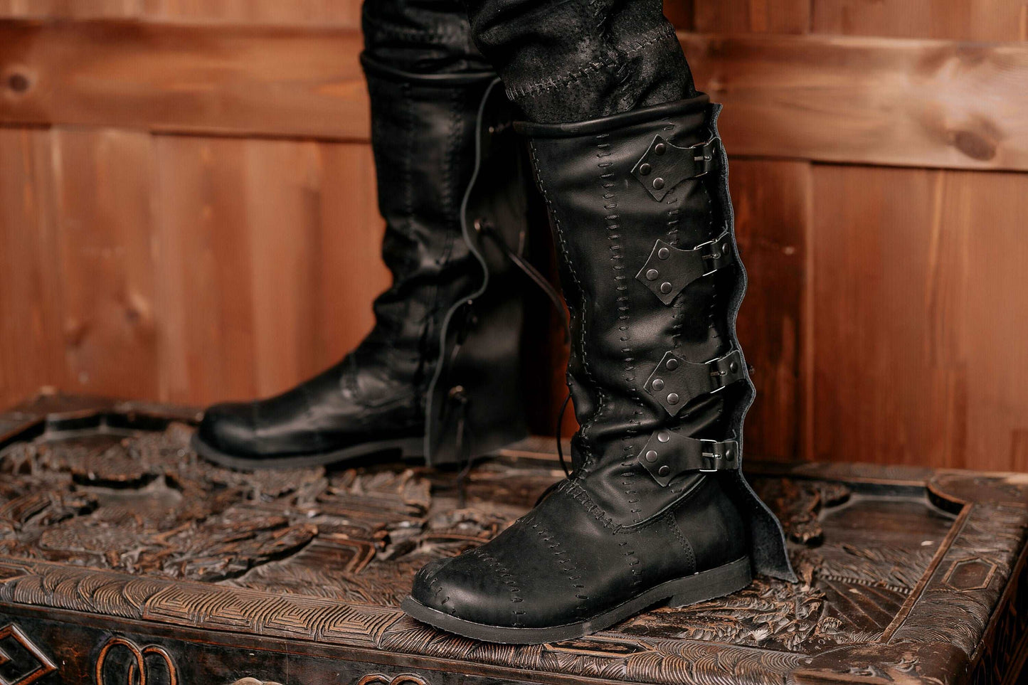 Black leather Witch Boots - high boots with buckles