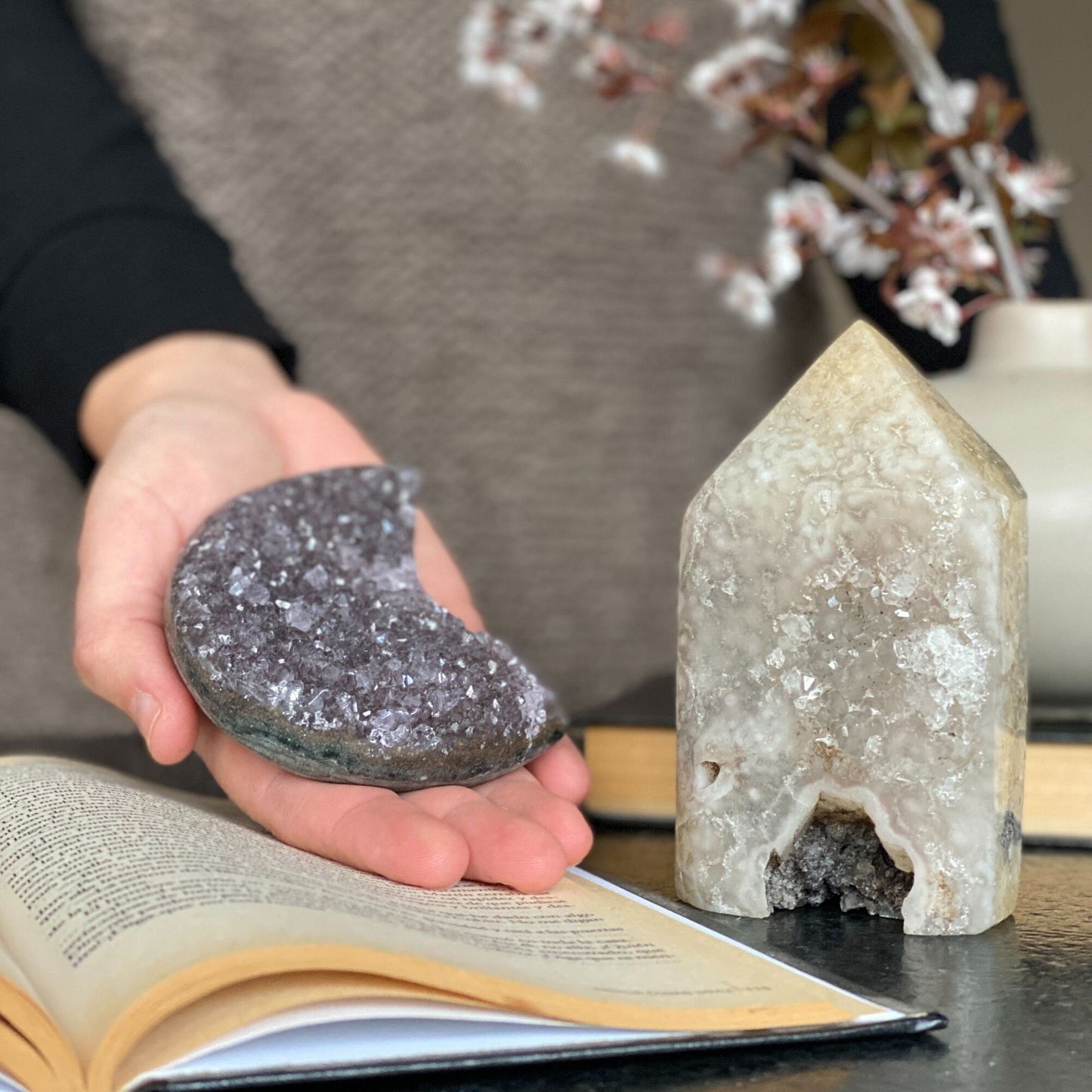 Amethyst moon cluster and Agate Crystal Tower, set of 2