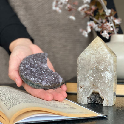 Amethyst moon cluster and Agate Crystal Tower, set of 2