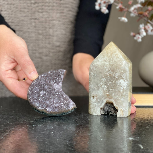 Amethyst moon cluster and Agate Crystal Tower, set of 2