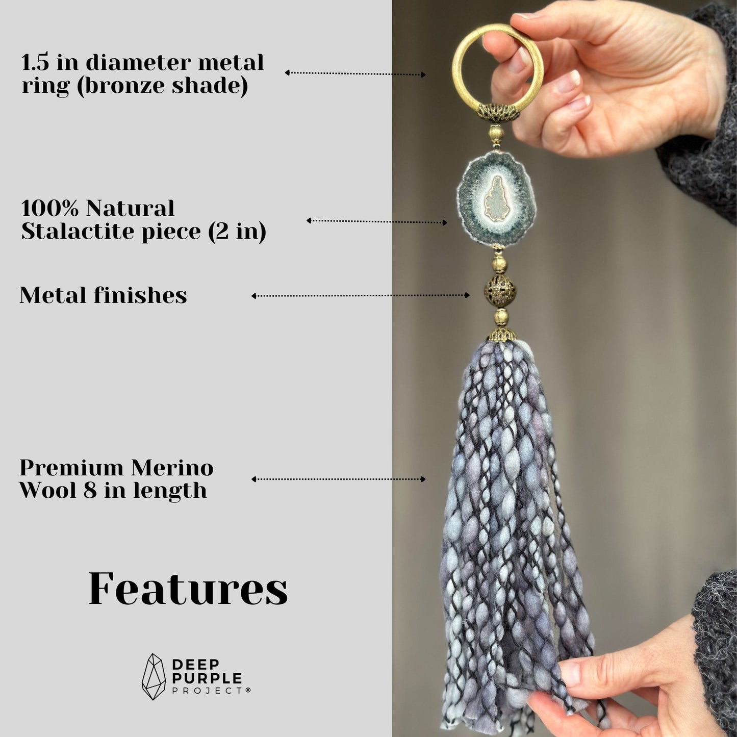 Crystal Garland with Stalactite Stone and Merino Wool Tassels, One of a kind decor piece, Natural Wall Hanging, multiple uses Jasper Gift