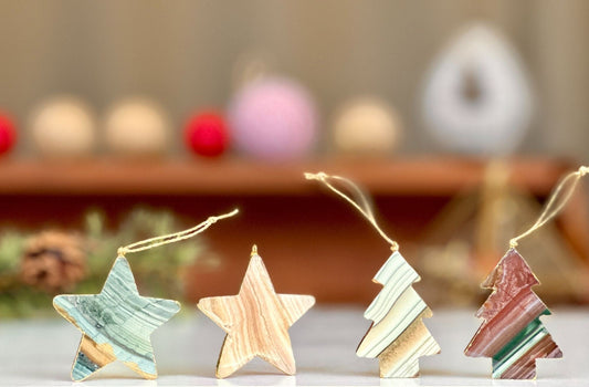 Agate & Jasper Crystal Christmas Tree Ornaments (Set of 4 pieces), Handcarved!
