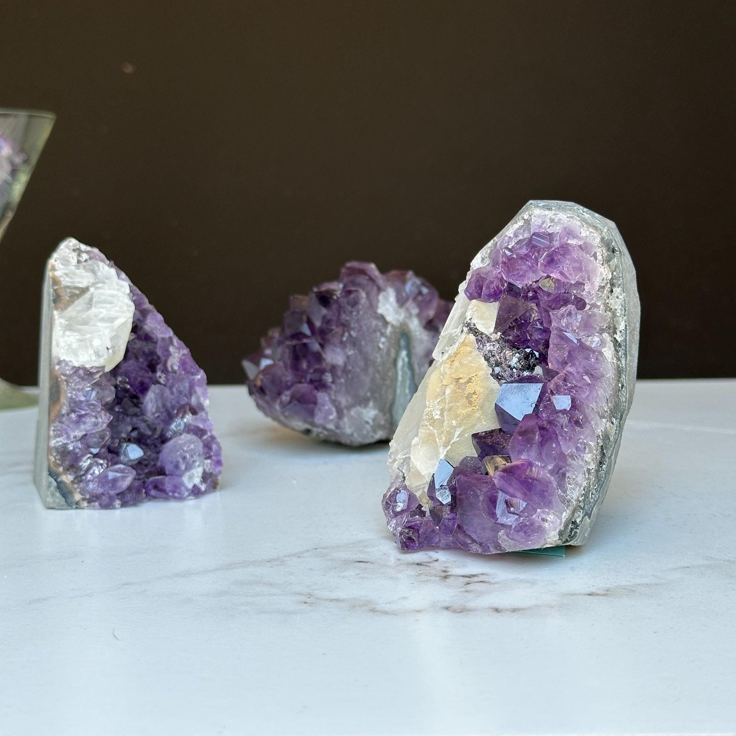 Amethyst set 3 pieces 3 Lbs approx, Medium Amethyst Cut Base Clusters with calcite formations