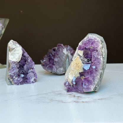 Amethyst set 3 pieces 3 Lbs approx, Medium Amethyst Cut Base Clusters with calcite formations