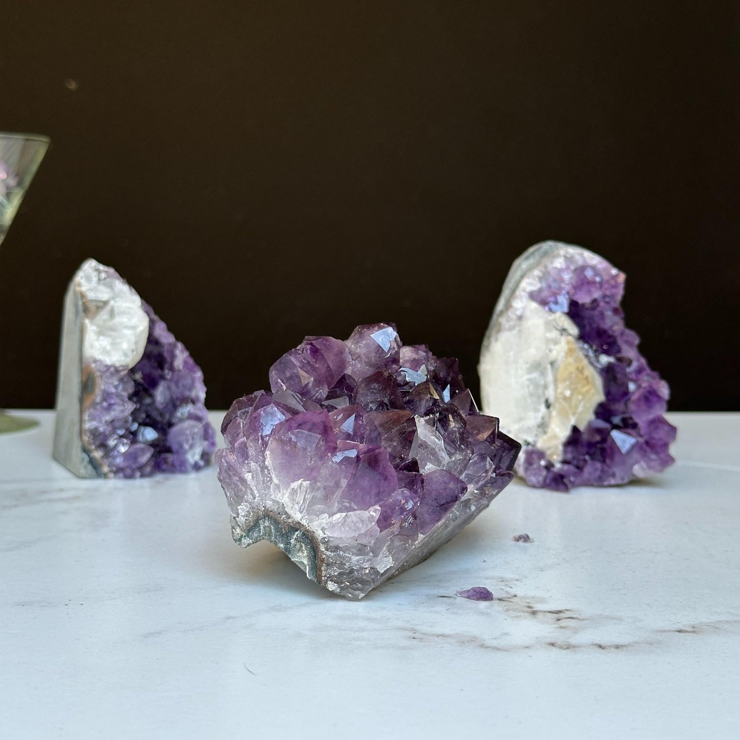 Amethyst set 3 pieces 3 Lbs approx, Medium Amethyst Cut Base Clusters with calcite formations