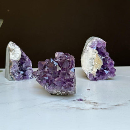 Amethyst set 3 pieces 3 Lbs approx, Medium Amethyst Cut Base Clusters with calcite formations