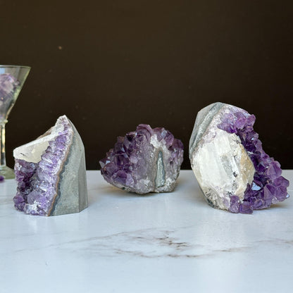 Amethyst set 3 pieces 3 Lbs approx, Medium Amethyst Cut Base Clusters with calcite formations
