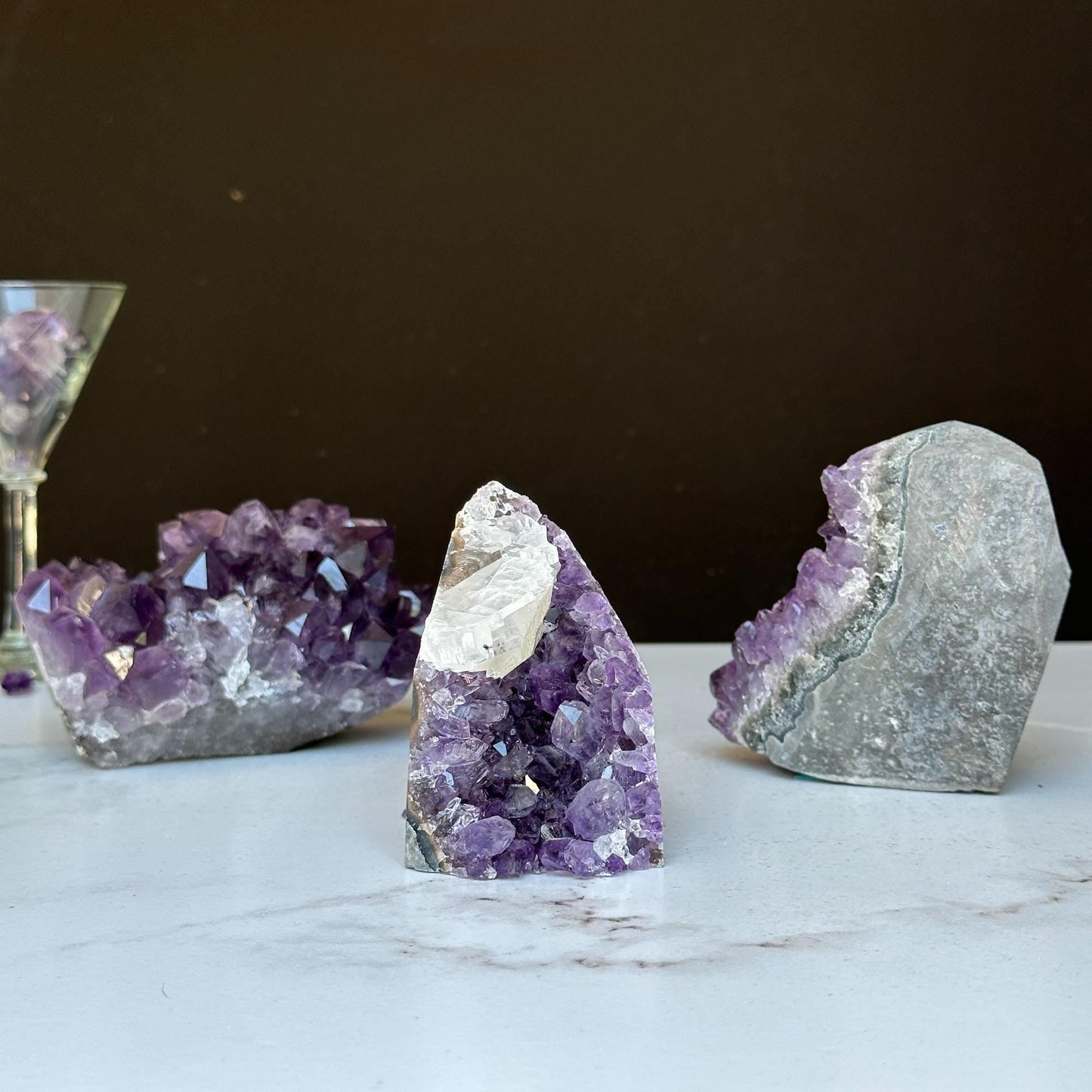 Amethyst set 3 pieces 3 Lbs approx, Medium Amethyst Cut Base Clusters with calcite formations