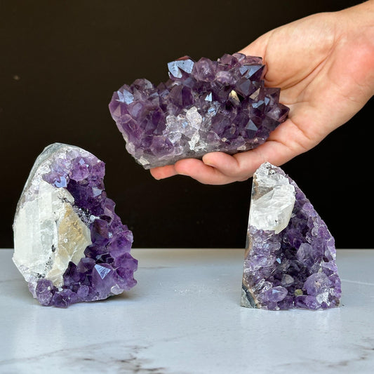 Amethyst set 3 pieces 3 Lbs approx, Medium Amethyst Cut Base Clusters with calcite formations
