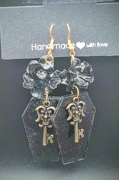 Key to the Crypt Coffin Dangle Boys| Skeleton Key and Black Rose Resin Drop Earrings