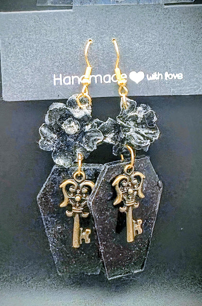 Key to the Crypt Coffin Dangle Boys| Skeleton Key and Black Rose Resin Drop Earrings