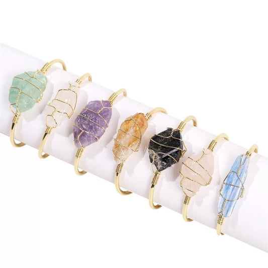 Healing Crystal, wire wrapped Bangle Bracelets
