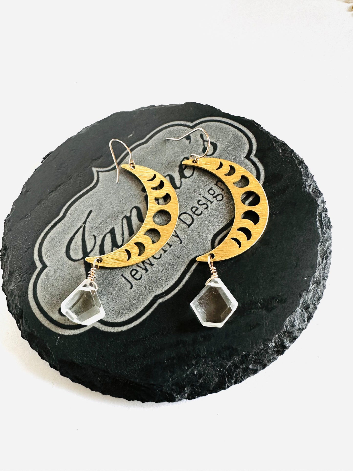 Moon Phase Earrings/Brass Gemstone Moon Earrings/Golden Moon Earrings
