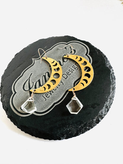 Moon Phase Earrings/Brass Gemstone Moon Earrings/Golden Moon Earrings