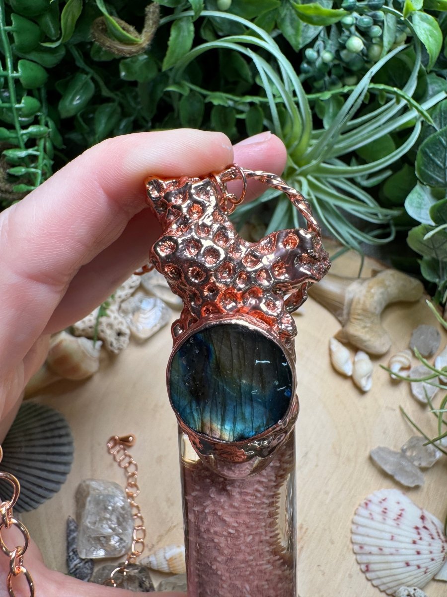 Labradorite, Coral, and Starfish Arm Oddity Vial Necklace
