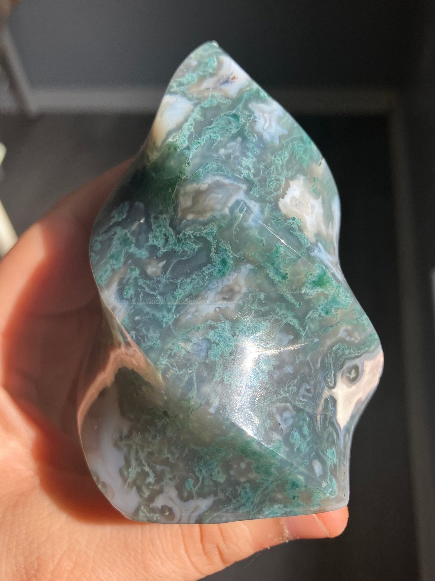 Moss Agate Flame – 3.5” to 4” with Druzy Pockets