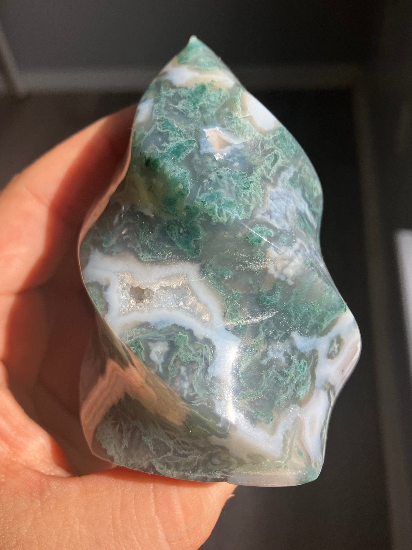 Moss Agate Flame – 3.5” to 4” with Druzy Pockets