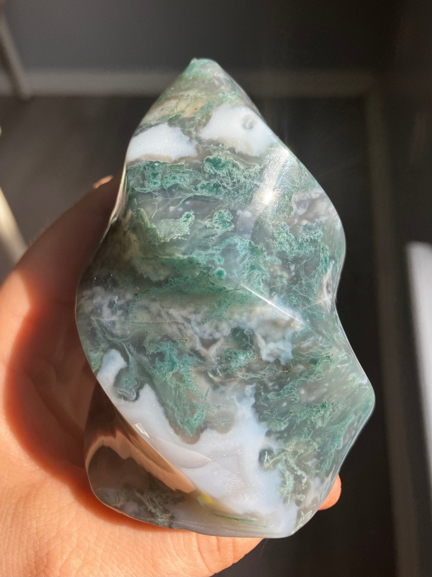 Moss Agate Flame – 3.5” to 4” with Druzy Pockets