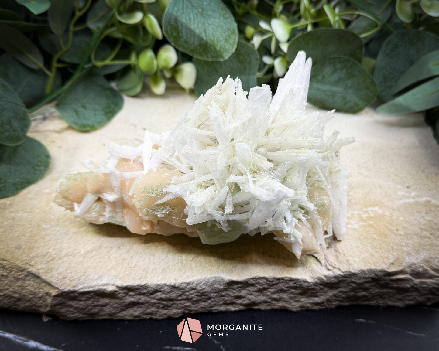 Natural Scolecite Spray on Orange Stilbite – Zeolite Crystal Cluster for Healing, Meditation & Decor