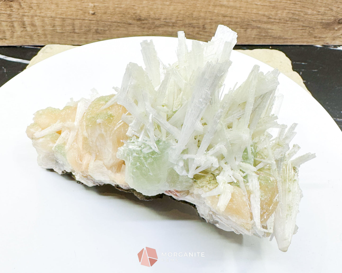 Natural Scolecite Spray on Orange Stilbite – Zeolite Crystal Cluster for Healing, Meditation & Decor