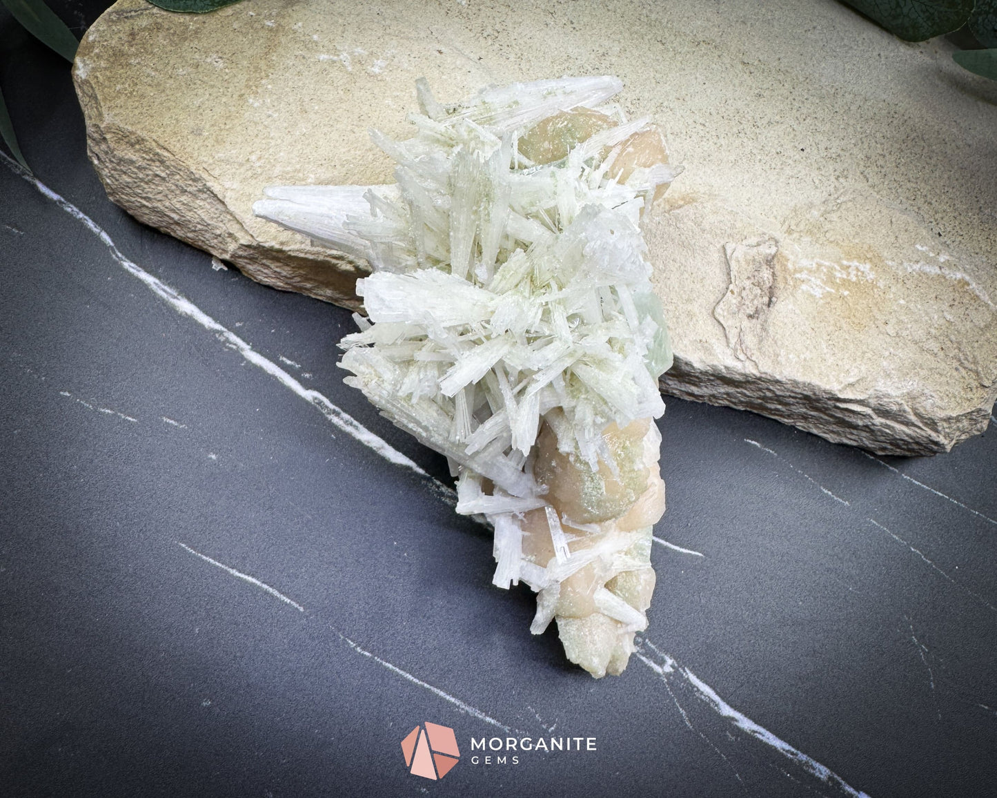 Natural Scolecite Spray on Orange Stilbite – Zeolite Crystal Cluster for Healing, Meditation & Decor