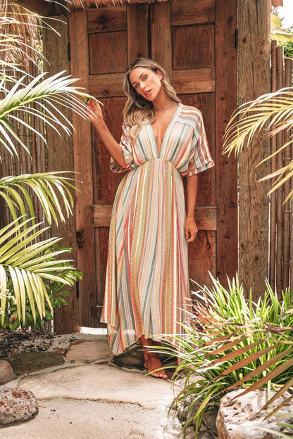 Pink Multi Stripe Kimono Sleeve Midi Dress